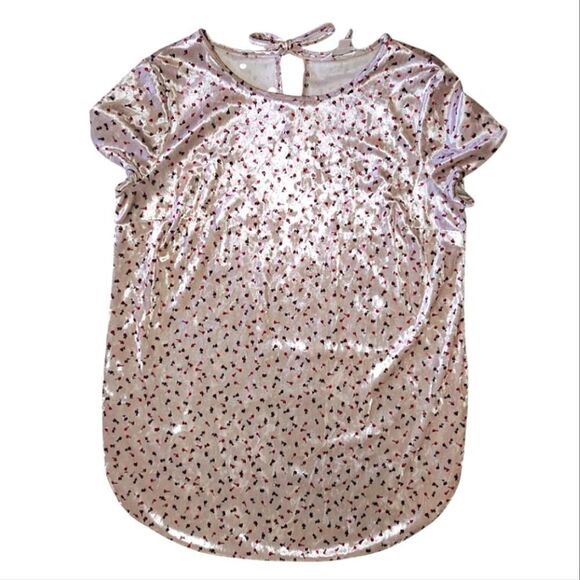 Lauren Conrad LC Pink Red Rosebud Print Short Sleeve Velvet Blouse Small - Picture 3 of 10